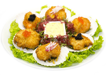 scallops in batter decorated eggs and salad