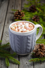 Hot chocolate with marshmallows on the rustic wooden table