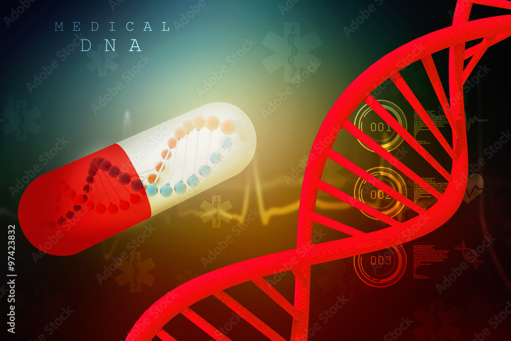 Poster 3d render of dna structure with capsule