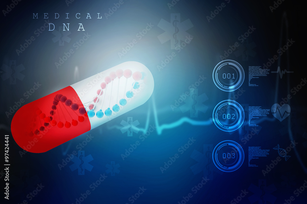 Poster 3d render of dna structure with capsule