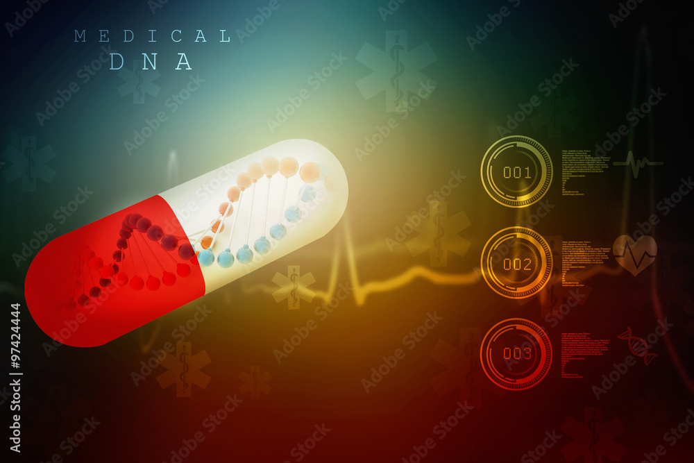 Poster 3d render of dna structure with capsule