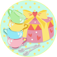 Cake and cups on color round background. Sweet time card