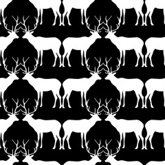 Seamless black and white decorative vector background with decorative deer