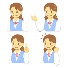 OL　表情　ほほ笑む　案内　説明　ガッツポーズ　ブルー