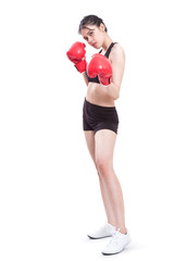 Boxer - fitness woman boxing wearing boxing red gloves on white background.