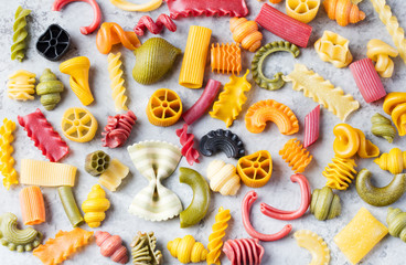 Obraz na płótnie Canvas Different colorful handmade pasta variety Copy space