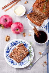 Apple, walnut cake, loaf, bread with fresh apples 