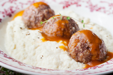 Meatballs, duck meat, with apple sauce and mashed celery, potato