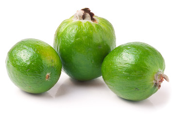 Tropical fruit feijoa Acca sellowiana isolated on white background.