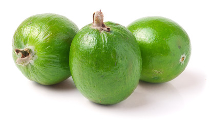 Tropical fruit feijoa Acca sellowiana isolated on white background.