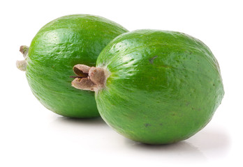 Tropical fruit feijoa Acca sellowiana isolated on white background.