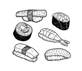 Sushi Icon Doodle Set, a hand drawn vector doodle illustration of a set of sushi icons.