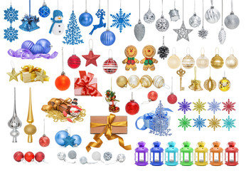 Big set of Christmas baubles for Christmas tree, pine, spruce, balls, snowflakes, bells, reindeer, snowman, gift, tip, top, key isolated on white
