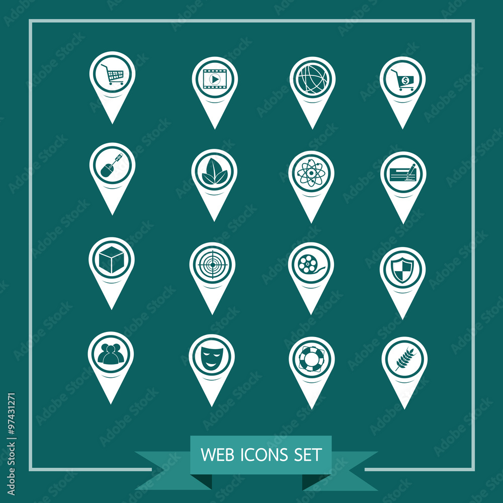 Poster set of map pointer icons for website and communication