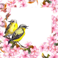 Seamless floral frame border - pink cherry, sakura and apple flowers. Watercolor 