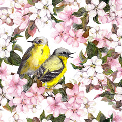 Seamless repeated floral pattern - pink cherry, sakura and apple flowers. Watercolor 