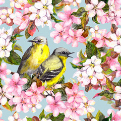 Seamless repeated floral pattern - pink cherry, sakura and apple flowers with birds. Watercolor 