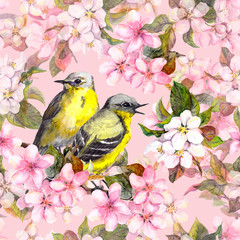 Seamless repeated floral pattern - pink cherry, sakura and apple flowers with birds. Watercolor 