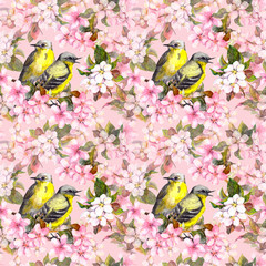 Seamless repeated floral pattern - pink cherry, sakura and apple flowers with birds. Watercolor 