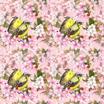 Seamless repeated floral pattern - pink cherry, sakura and apple flowers with birds. Watercolor 