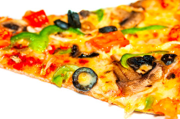 Slice of vegetarian pizza on white background