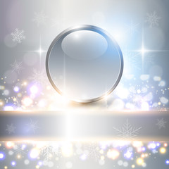 Abstract Christmas background with crystal ball, lights and snowflakes