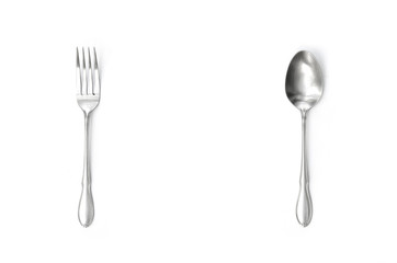silver spoon and fork vertical alignment with center gap space isolated in white background