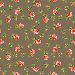 Seamless repeated swatch with floral design - tiny roses and buds on dark texture 