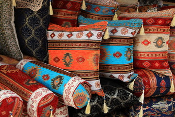 Colorful pillows at street market in Sarajevo , Bosnia and Herzegovina