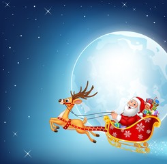 Illustration of happy Santa in his Christmas sled being pulled by reindeer 