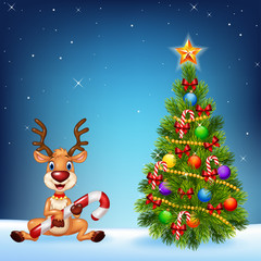 Cartoon happy deer with Christmas tree on a night sky background