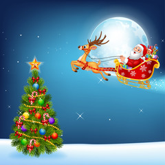 Naklejka premium Happy Santa in his Christmas sled being pulled by reindeer 