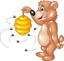 Fototapeta premium Cartoon funny bear holding Bee hive