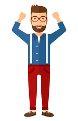 Man with raised hands up.