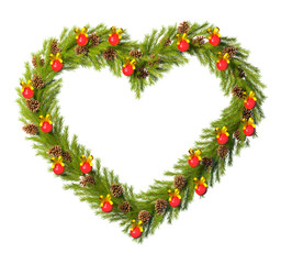 Fototapeta na wymiar Christmas wreath in the shape of heart isolated on white