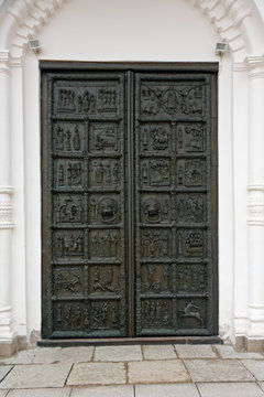 Ancient bronze doors. Magdeburg doors of Sofia’s Cathedral in Velikiy Novgorod
