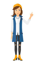 Woman pointing up with her forefinger.