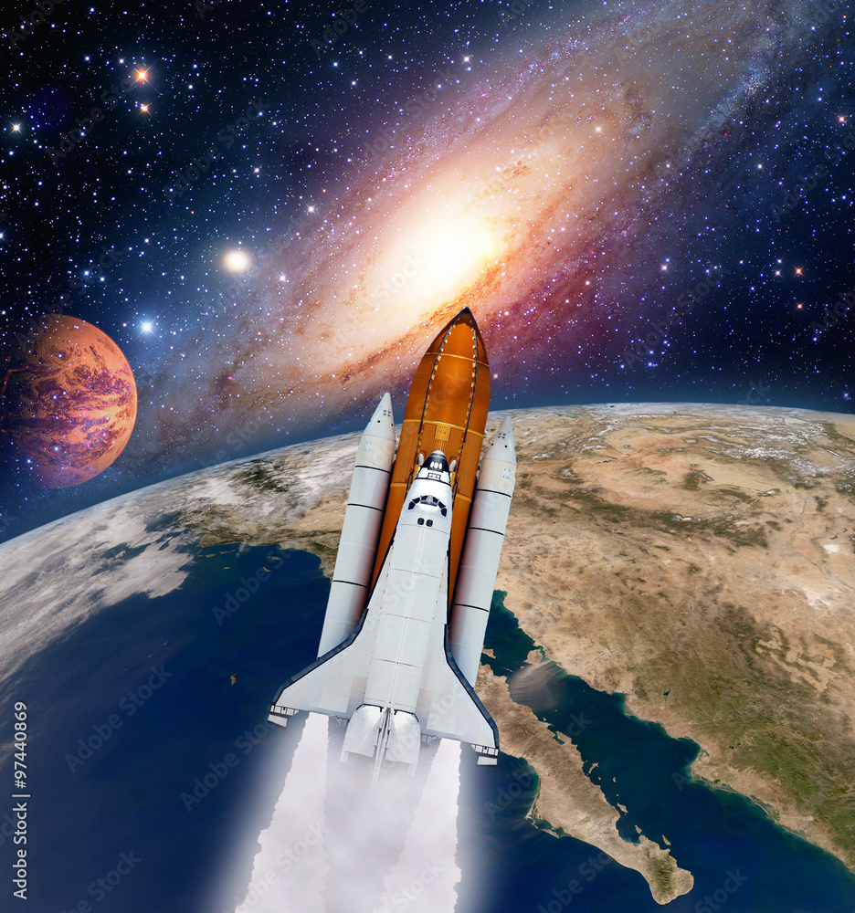 Sticker shuttle rocket ship launch milky way galaxy mars planet moon space. elements of this image furnished