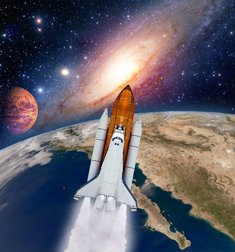 Shuttle rocket ship launch milky way galaxy mars planet moon space. Elements of this image furnished by NASA.