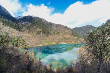colorful lake and forset in autumn at jiuzhai valley national park, China.