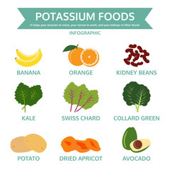 potassium foods, food info graphic, vector - 97442649