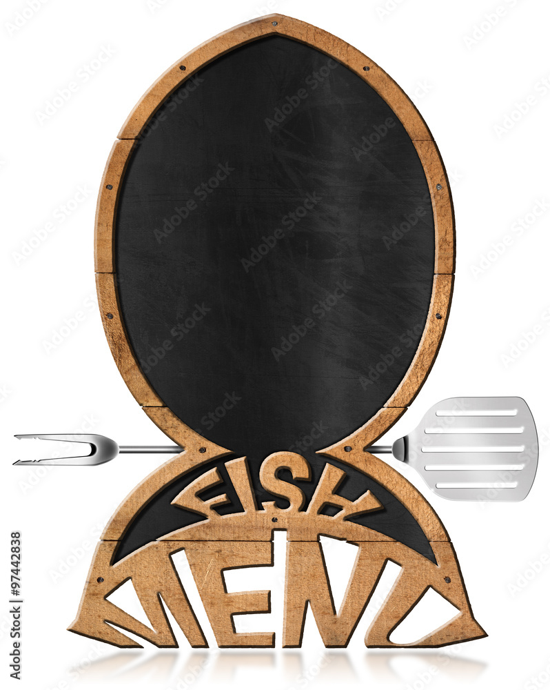 Poster empty blackboard for fish menu / empty blackboard with wooden frame in the shape of fish, text fish 