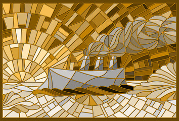 Abstract landscape in the style of stained glass with the steamer on a sky background, ice and sun. Gold version