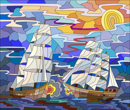 Seascape in the stained glass style battle with two sailboats in the sky and orange sunset