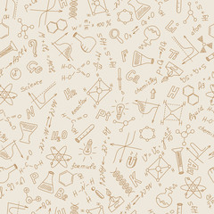 Seamless pattern with formulas,graphs, and equipment as the subject of chemistry in sepia