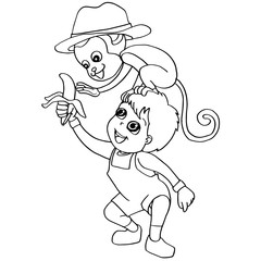 Coloring book child feeding monkey vector
