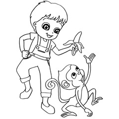 Coloring book child feeding monkey vector
