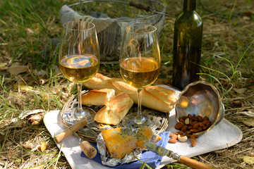 Beautiful composition of wine, cheese, almonds and baguette, outdoors