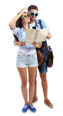 A pair of happy tourists sightseeing in summer, isolated on white