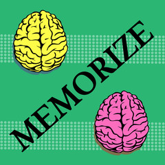 Abstract colorful background with two brains, one colored in yellow and the other one in pink and the word memorize written between the two brains